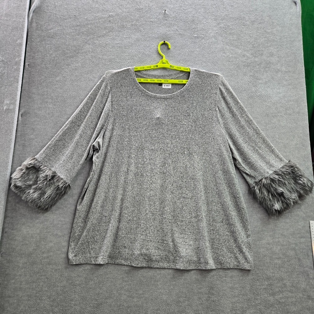 Lane Bryant Women‎ Sweater 26/28 Gray 3/4 Sleeve Faux Fur Crew Neck